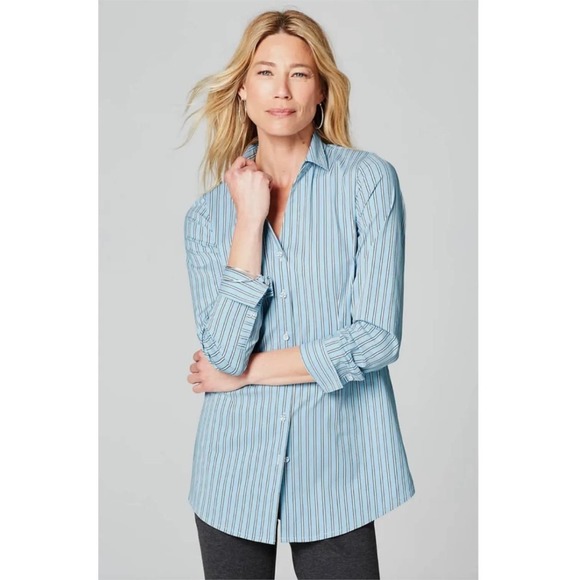 J Jill Striped Blue Button Down Cotton Blend Top - Picture 12 of 13